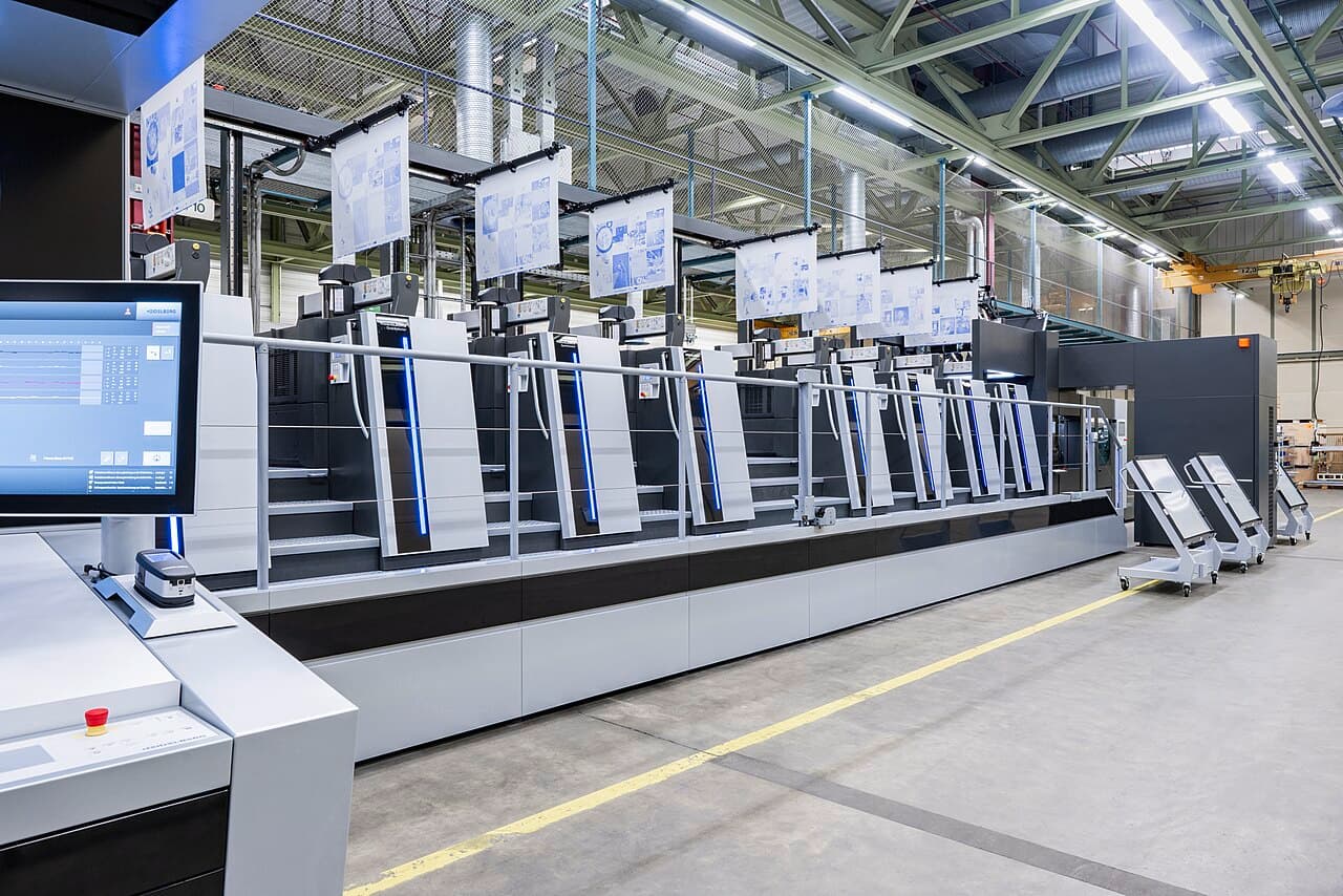 Modern Heidelberg Speedmaster XL 106 offset press line with control console